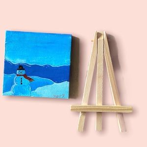 Mini 4x4 snowman hand painted canvas. Comes with easel, no staples on back